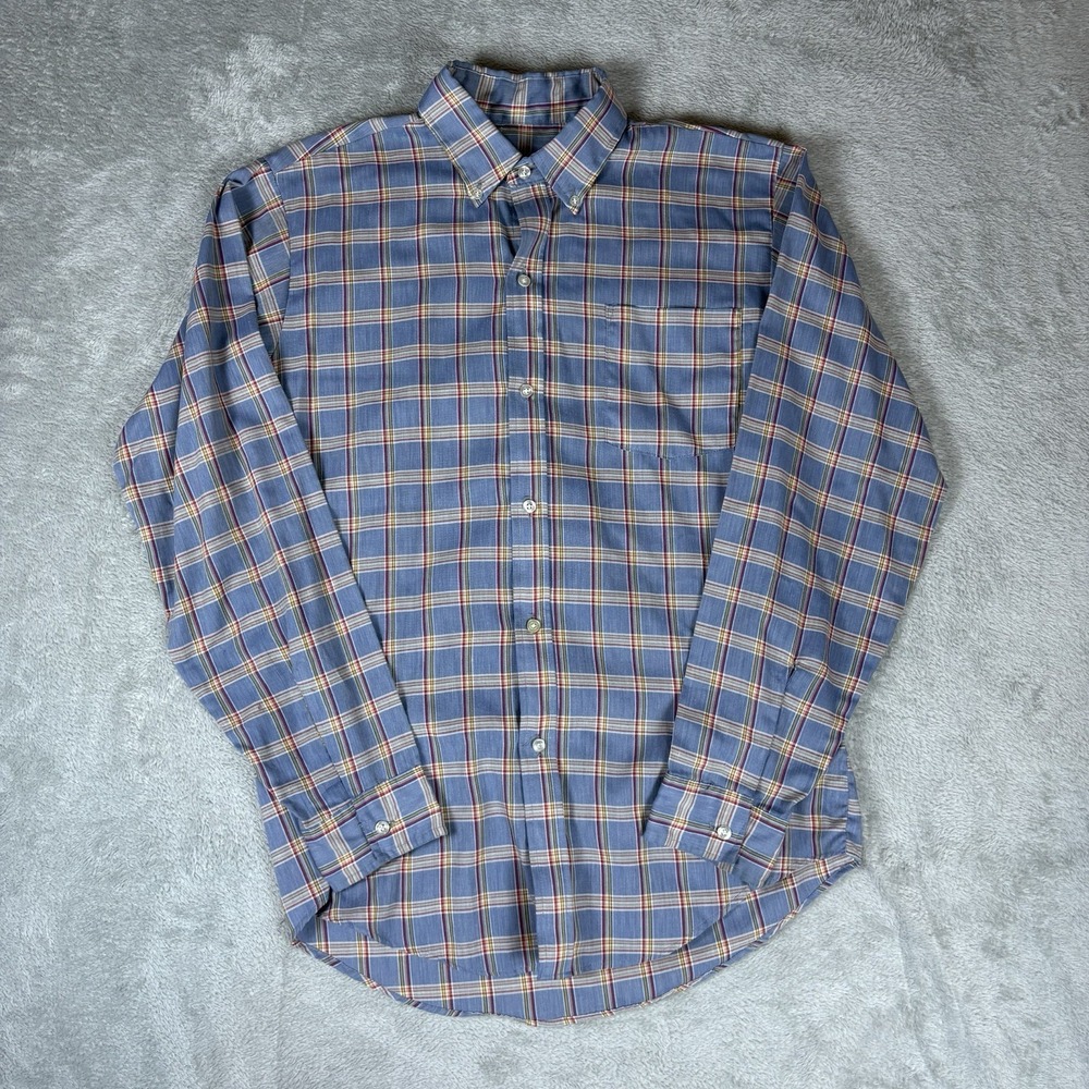Towncraft Penneys Mens Medium LS Button Shirt 15-15.5 Blue‎ Plaid Tall Vintage